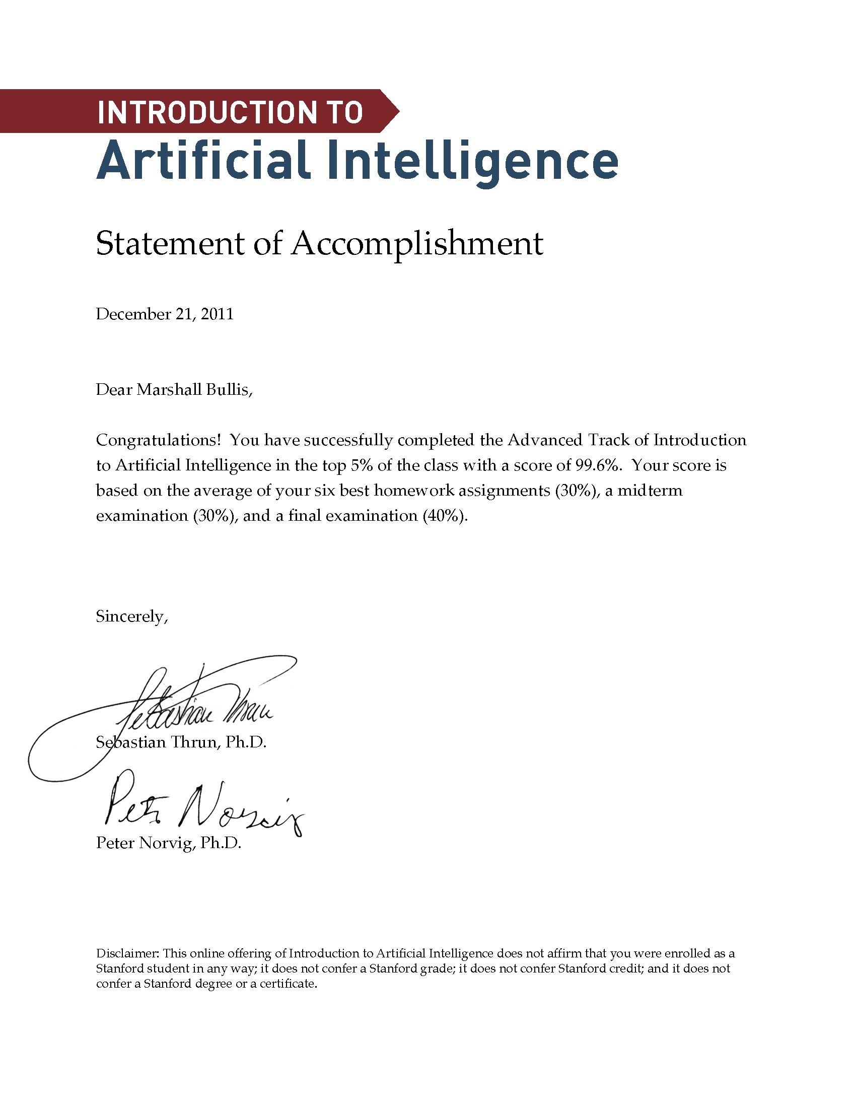 AI Class Letter of Accomplishment